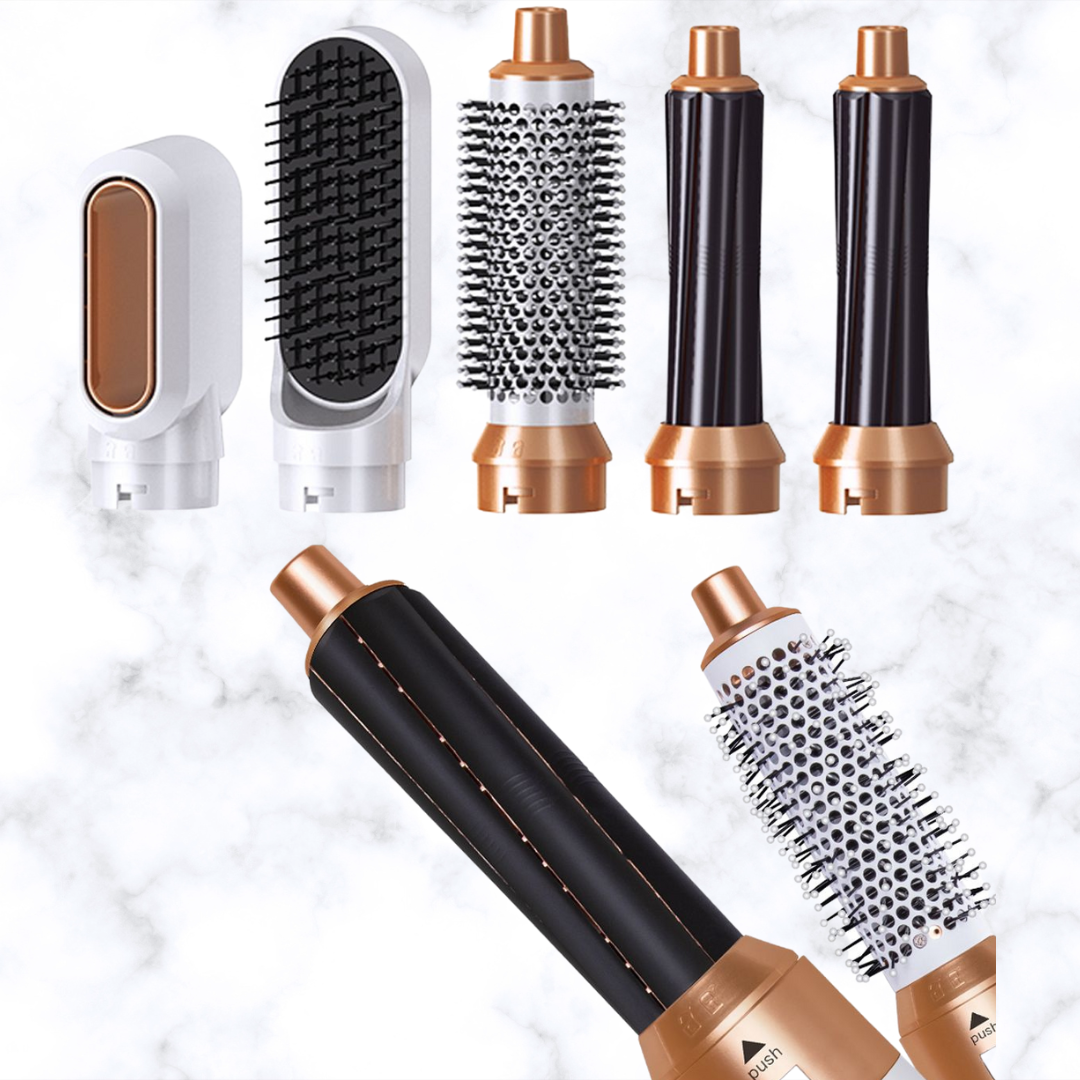 5 in 1 hot air styler, airwrap, dupe, hot hair brush, 5 attachments, faux leather case, travel case