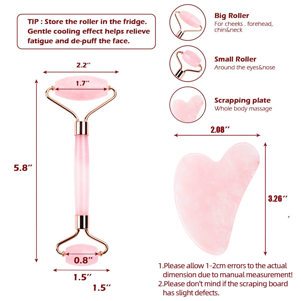 Natural Rose Quartz Jade Roller & Gua Sha Set