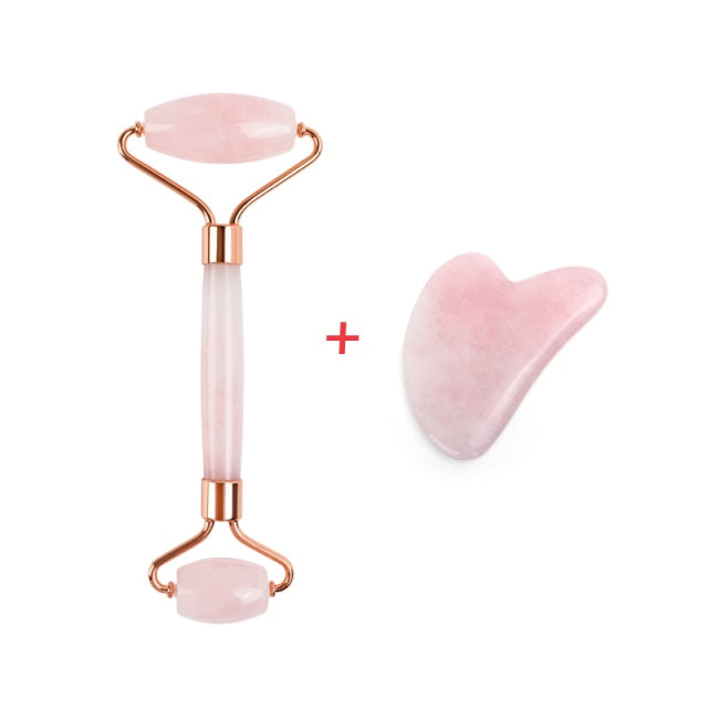 Natural Rose Quartz Jade Roller & Gua Sha Set.